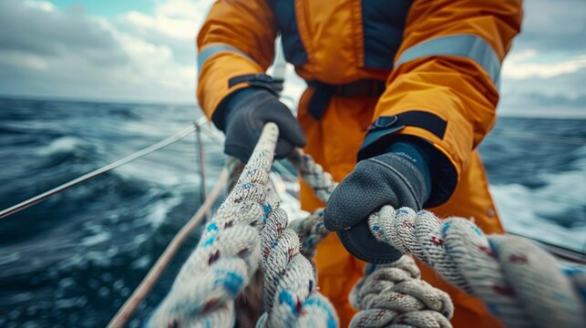 Closeup up of Yachtsman hands dealing with yacht ropes.