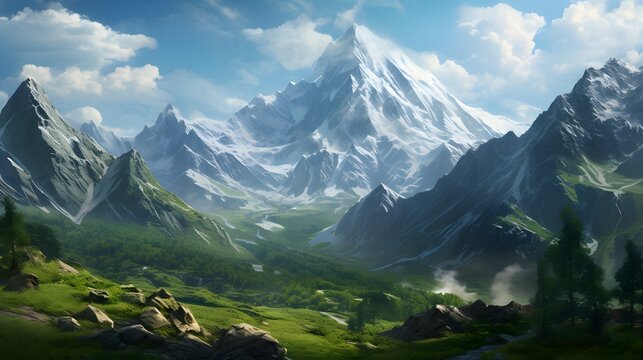 A breathtaking view of a giant mountain towering over the landscape, its rugged slopes blanketed in lush greenery and dotted with patches of snow, a sight to behold in any season.