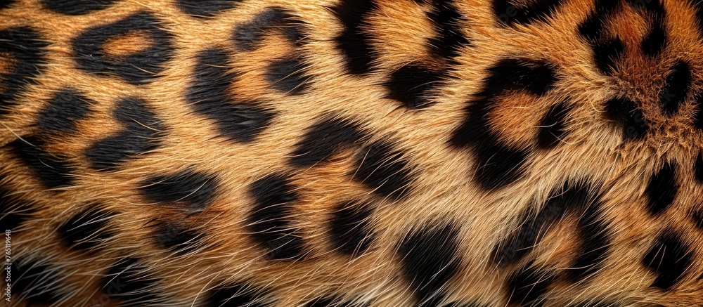 Poster detailed close-up view of the fur pattern of a leopard, showing the intricate spots and texture of t