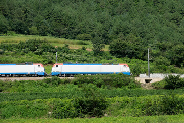 View of the moving cargo train in the mountain