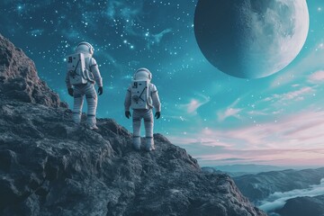 Dedicated Astronauts exploring planet. Future cosmos. Generate Ai
