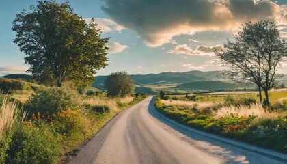 Naklejka premium A Quiet and beautiful countryside roads with bright skies and diverse roadside plants generative ai art