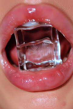 Refreshing Sensation: Ice Cube on Luscious Lips