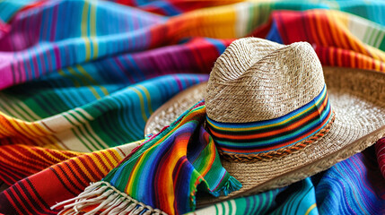 Traditional Mexican Sombrero with Colorful Serape Blanket, Authentic Mexican Cultural Artifacts, Hand Woven Folk Art, Vibrant Textiles for Cinco De Mayo Celebrations
