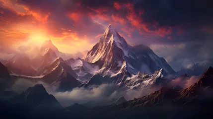 Tafelkleed A breathtaking view of a towering mountain range, its peaks reaching towards the heavens in a display of majestic beauty, a reminder of the awe-inspiring power of nature. © Graphica Galore
