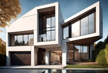 A modern house with geometrically shaped windows, creating an architectural focal point and...