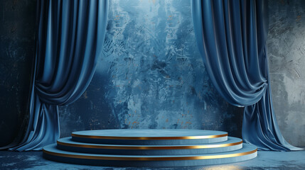 3d podium with fabric curtain and spotlight on blue background
 - obrazy, fototapety, plakaty