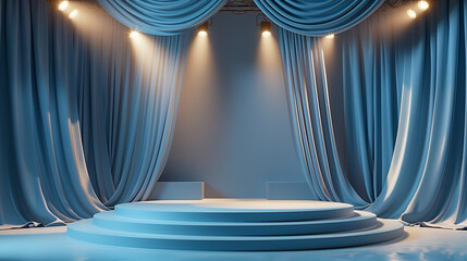 3d podium with fabric curtain and spotlight on blue background
