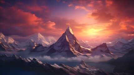 A breathtaking view of a towering mountain range, its peaks reaching towards the heavens in a...