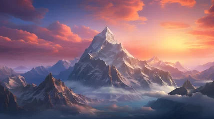Foto op Canvas A breathtaking view of a towering mountain range, its peaks reaching towards the heavens in a display of majestic beauty, a reminder of the awe-inspiring power of nature. © Graphica Galore