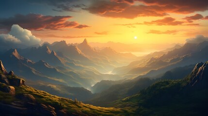 A breathtaking vista of a massive mountain range, its peaks bathed in the soft light of dawn, casting long shadows over the rocky terrain below, a sight that fills the heart with awe and wonder.