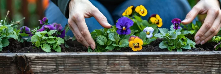 Poster Hands Planting Colorful Pansies in a Garden Box © olga_demina