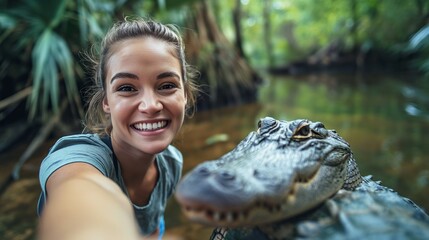 Thrilling selfie with a woman's beaming smile alongside an alligator in the wild - obrazy, fototapety, plakaty