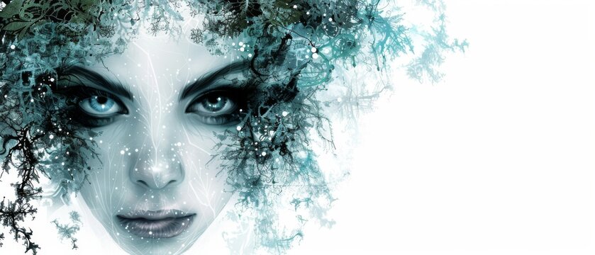  Close-up of a woman's face, surrounded by trees and covered in snowflakes