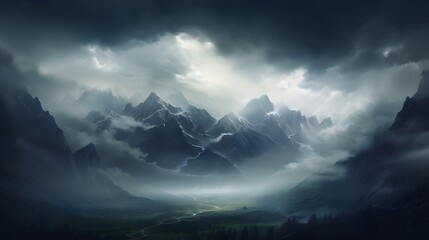 A colossal mountain rising from the mist-covered valley below, its rugged slopes and jagged peaks obscured by clouds, shrouded in mystery and intrigue. - obrazy, fototapety, plakaty