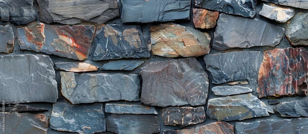 Poster a sturdy wall made of stones in an array of colorful shades such as grey, beige, brown, and red, cre