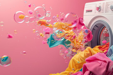 Colorful laundry exploding from washing machine with bubbles - obrazy, fototapety, plakaty