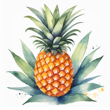 Watercolor illustration of ripe and juicy pineapple on white background. Fresh and tasty tropical fruit.