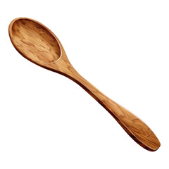 A wooden spoon is shown on a white background. The spoon is long and thin, with a curved end. Concept of simplicity and natural beauty, as the spoon is made of wood and has a classic design