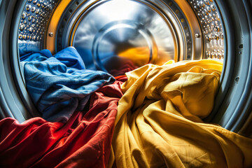 Laundry day concept with open washing machine and bubbles - obrazy, fototapety, plakaty