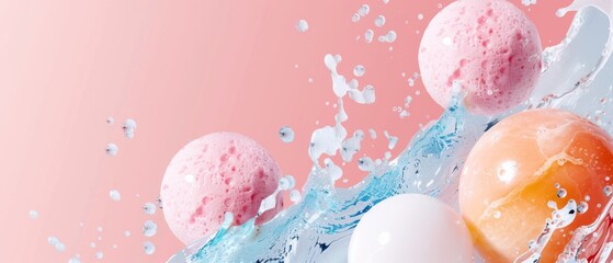  A trio of differently-colored eggs resting on a pink and blue canvas, with water cascading onto their upper surfaces - obrazy, fototapety, plakaty