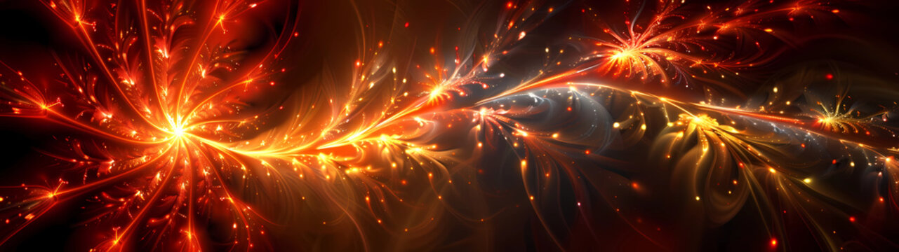 Fototapeta Vibrant and dynamic, abstract energetic fractal patterns cascade across the expanse of an ultra-wide canvas, igniting a kaleidoscope of color and movement that mesmerizes the observer