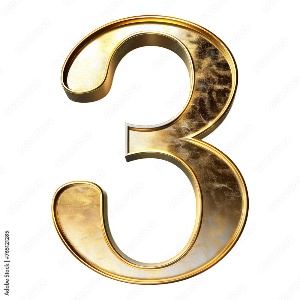 Poster the number 3 is shown in gold and has a curved shape. it is a large number that is easy to read and 