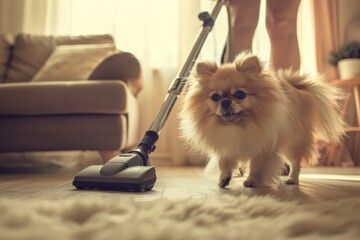 Fluffy Pomeranian with vacuum cleaner at home