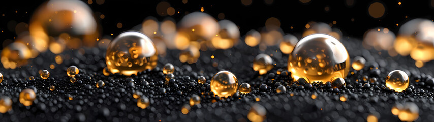 Ultra-wide mesmerizing microscopic landscape, crafted from a bed of small black balls adorned with larger golden spheres, inviting contemplation of the harmonious interplay between scale and texture - obrazy, fototapety, plakaty