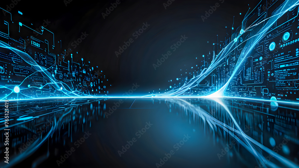 Poster Futuristic technology abstract background with glowing lines and bokeh