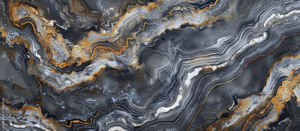 Poster a detailed view showcasing a black and gold marble slab featuring an intricate pattern of wavy lines