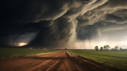 Dramatic extreme weather scene, tornado touching down over rural farmland, dark storm clouds, intense lightning strikes, debris flying, a sense of danger and awe