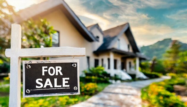  Home for sale with a sign with written for sale in front of a house , real estate sales concept image background