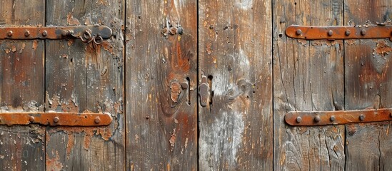 A detailed close-up of a weathered wooden door showing signs of age with rusted metal hardware