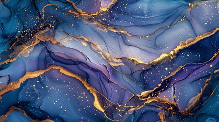 A luxury abstract fluid art painting in alcohol ink, with a mesmerizing mixture of blue and purple, and golden veins mimicking marble