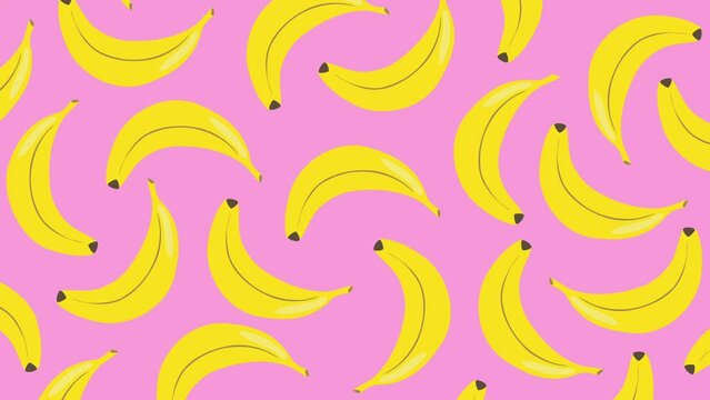 bright trendy cartoon hand-drawn animation of a lot of rotating bananas on a pink background