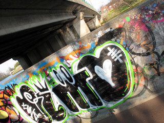Grafitis - Stranmillis enbankment - Lagan river - Belfast city - County Antrim - Northern Ireland -...
