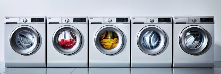 Row of washing machines with colorful laundry