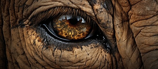 Close-up of an elephant's eye with a very dark brown color, showing the intricate details and texture of the eye