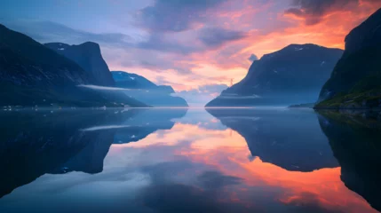 Foto op Aluminium Discover serene landscapes of Scandinavian fjords at sunset. © Sarang