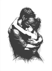pencil sketch drawing - a man hugs a woman with love feelings (artwork 3)
