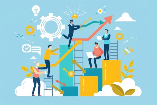 An image in trendy flat and linear style showcasing teamwork and business growth concept. It includes people constructing graphics, designed for banners and infographics templates. 