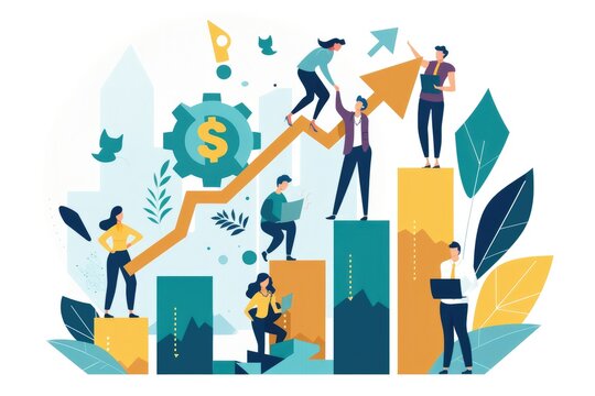 An image in trendy flat and linear style showcasing teamwork and business growth concept. It includes people constructing graphics, designed for banners and infographics templates. 