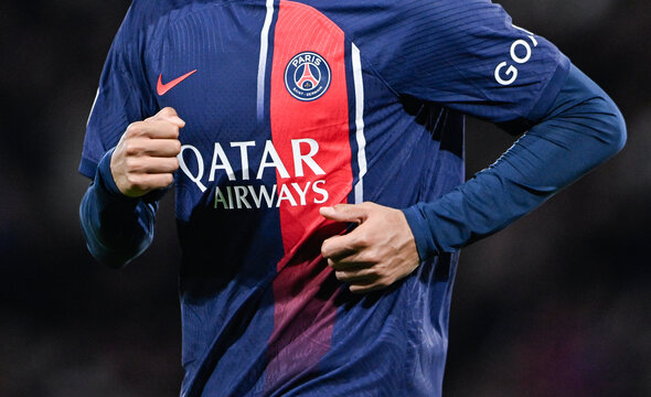 Illustration of the PSG (Paris Saint Germain football club) soccer jersey (Nike) with the Qatar Airways logo in Paris, France on March 10, 2024.