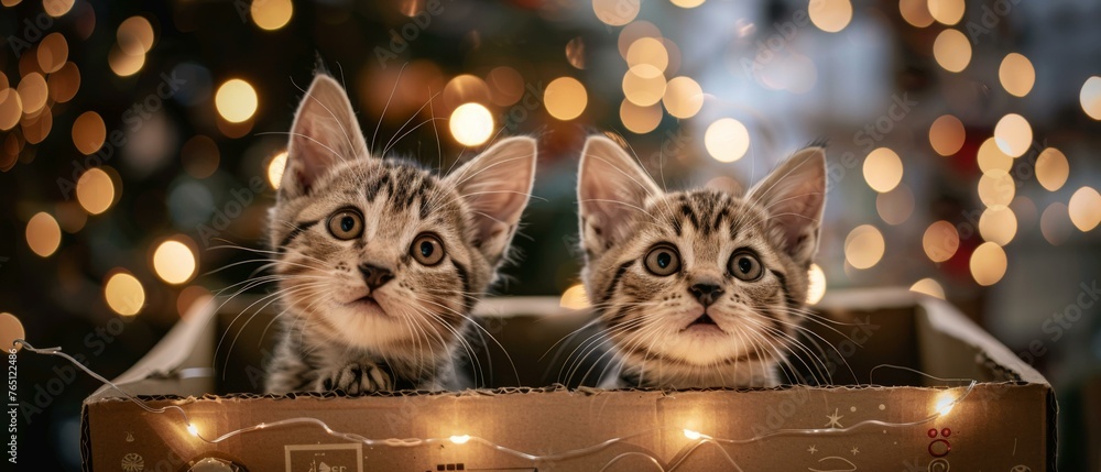 Poster two kittens in a box with christmas lights on the background. generative ai.
