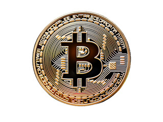 A close up of the single bitcoin isollated on the transparent background.