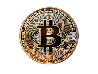 A close up of the single bitcoin isollated on the transparent background.