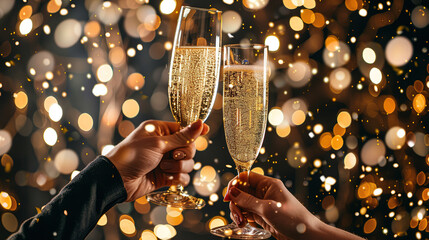 Champagne Toast Celebration - Happy New Year With Golden Glitter On Dark Abstract Background And Defocused Bokeh Lights
