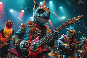 A group of people dressed in animal costumes playing guitars. Generative AI. - obrazy, fototapety, plakaty