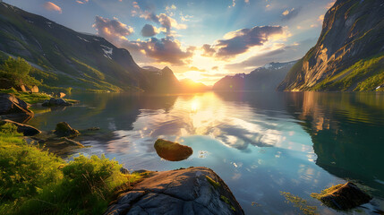 Discover serene landscapes of Scandinavian fjords at sunset. - obrazy, fototapety, plakaty
